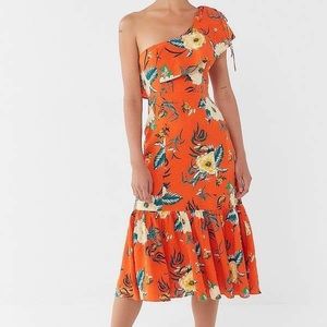 Woman’s Urban Outfitters Carmen Orange floral Linen One Shoulder Midi Dress XS